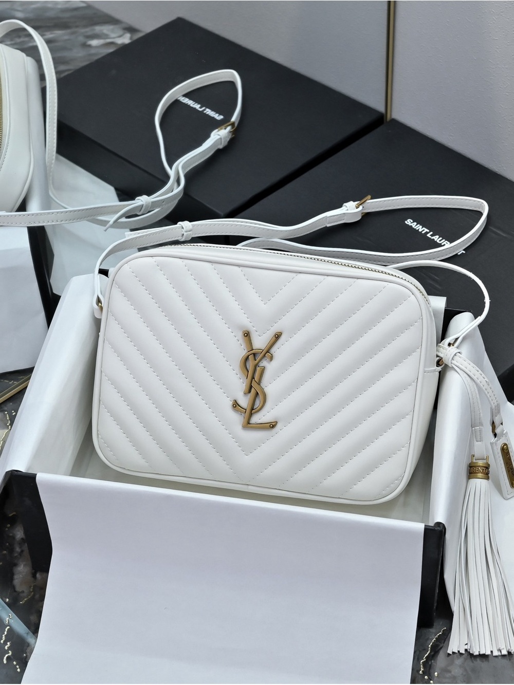 Saint Laurent White Quilted Crossbody Camera Bag with Gold YSL Emblem